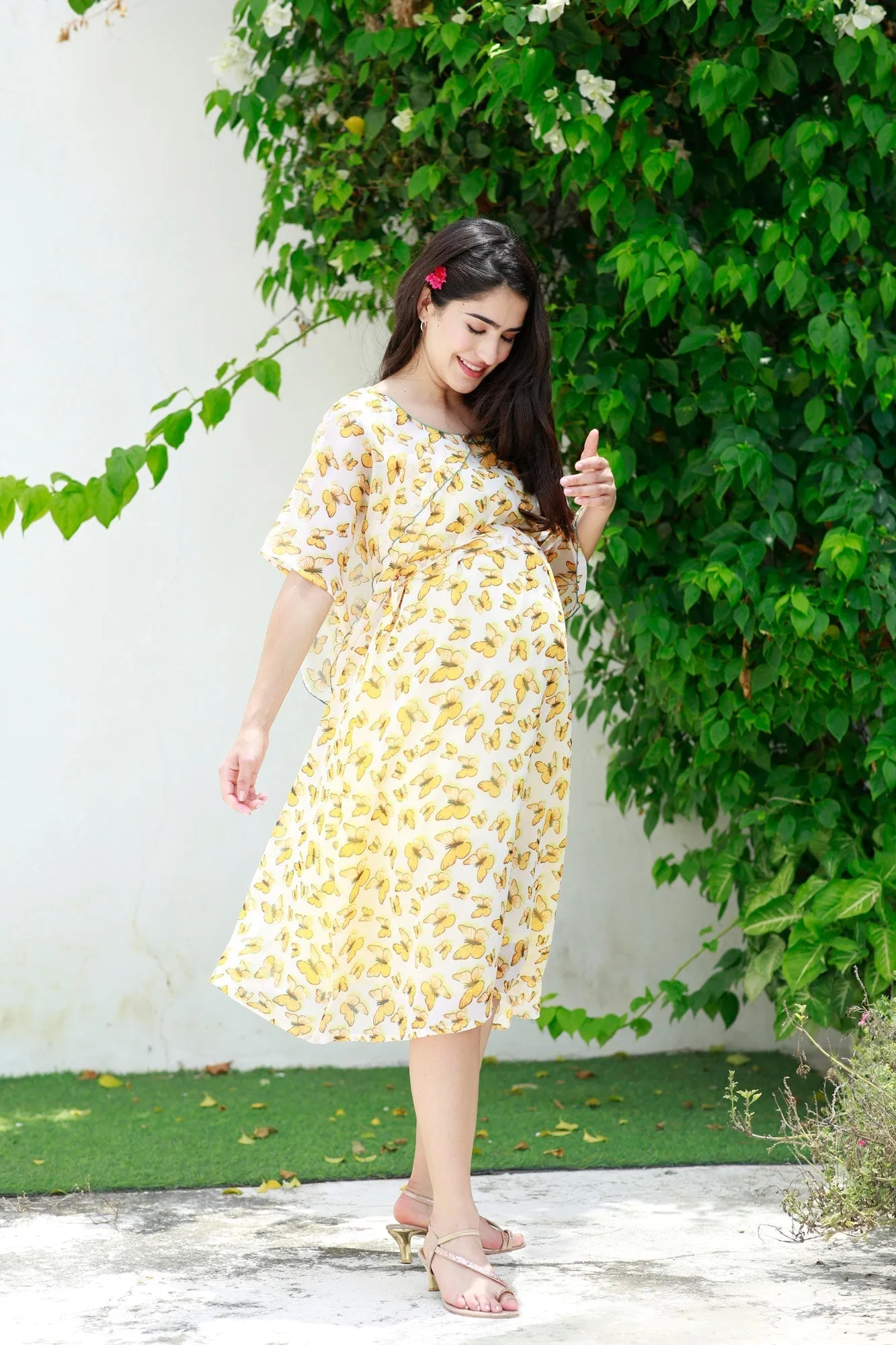 Pretty Mustard Butterflying Maternity & Nursing Chiffon Dress