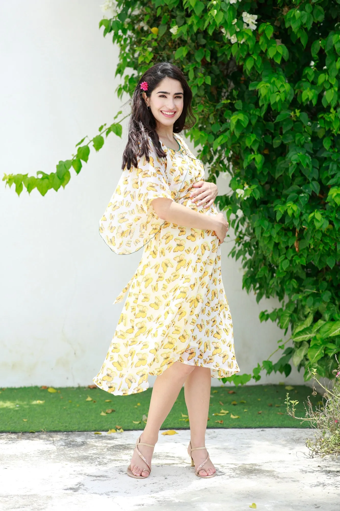 Pretty Mustard Butterflying Maternity & Nursing Chiffon Dress