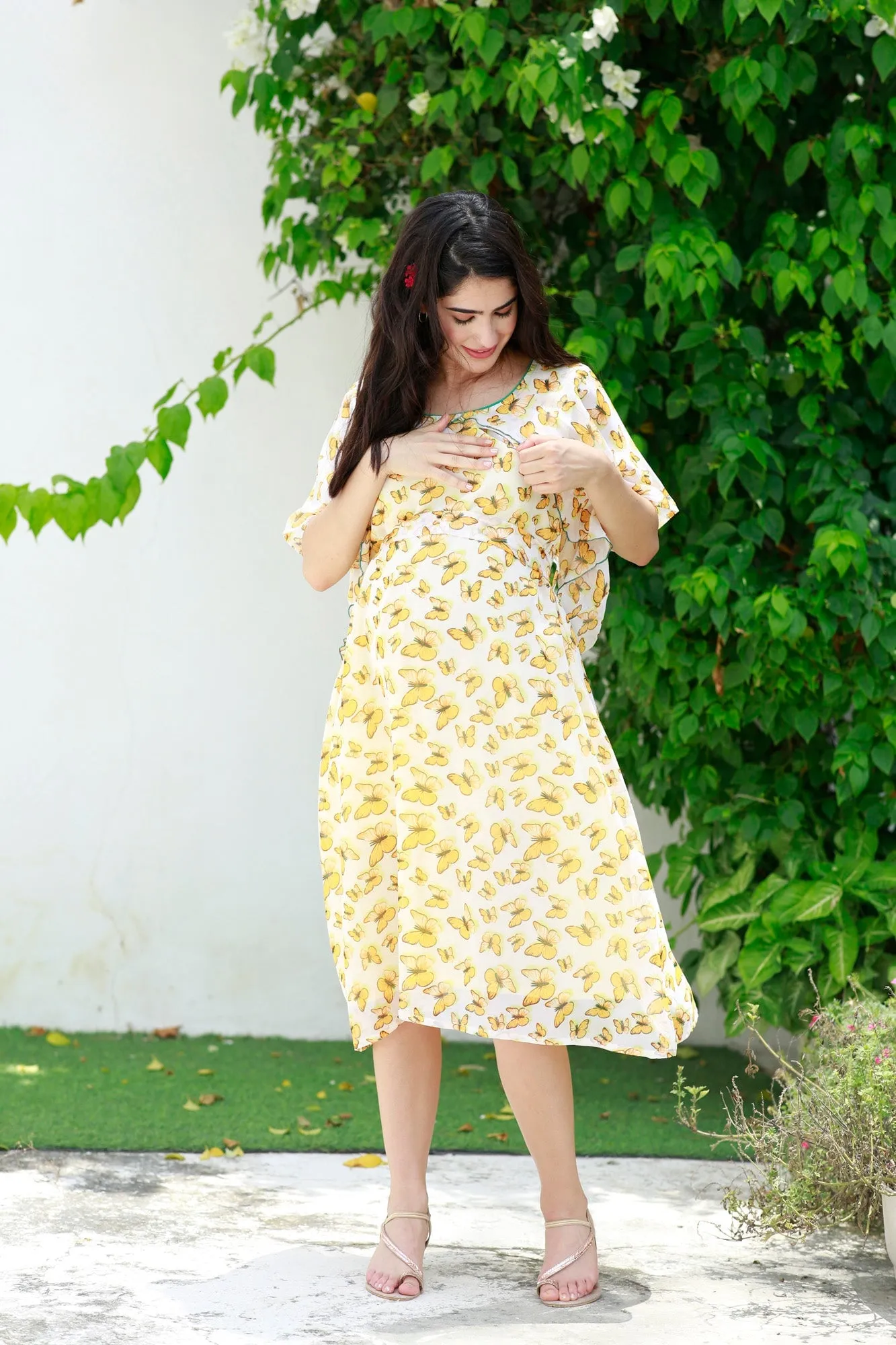 Pretty Mustard Butterflying Maternity & Nursing Chiffon Dress