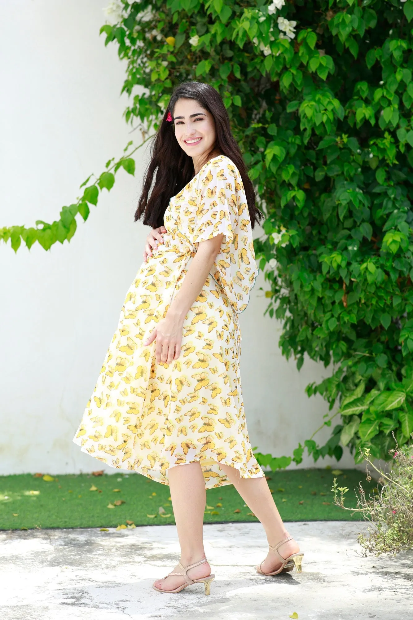 Pretty Mustard Butterflying Maternity & Nursing Chiffon Dress