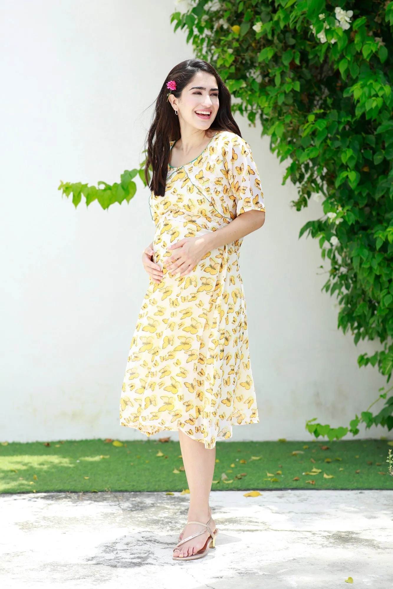 Pretty Mustard Butterflying Maternity & Nursing Chiffon Dress