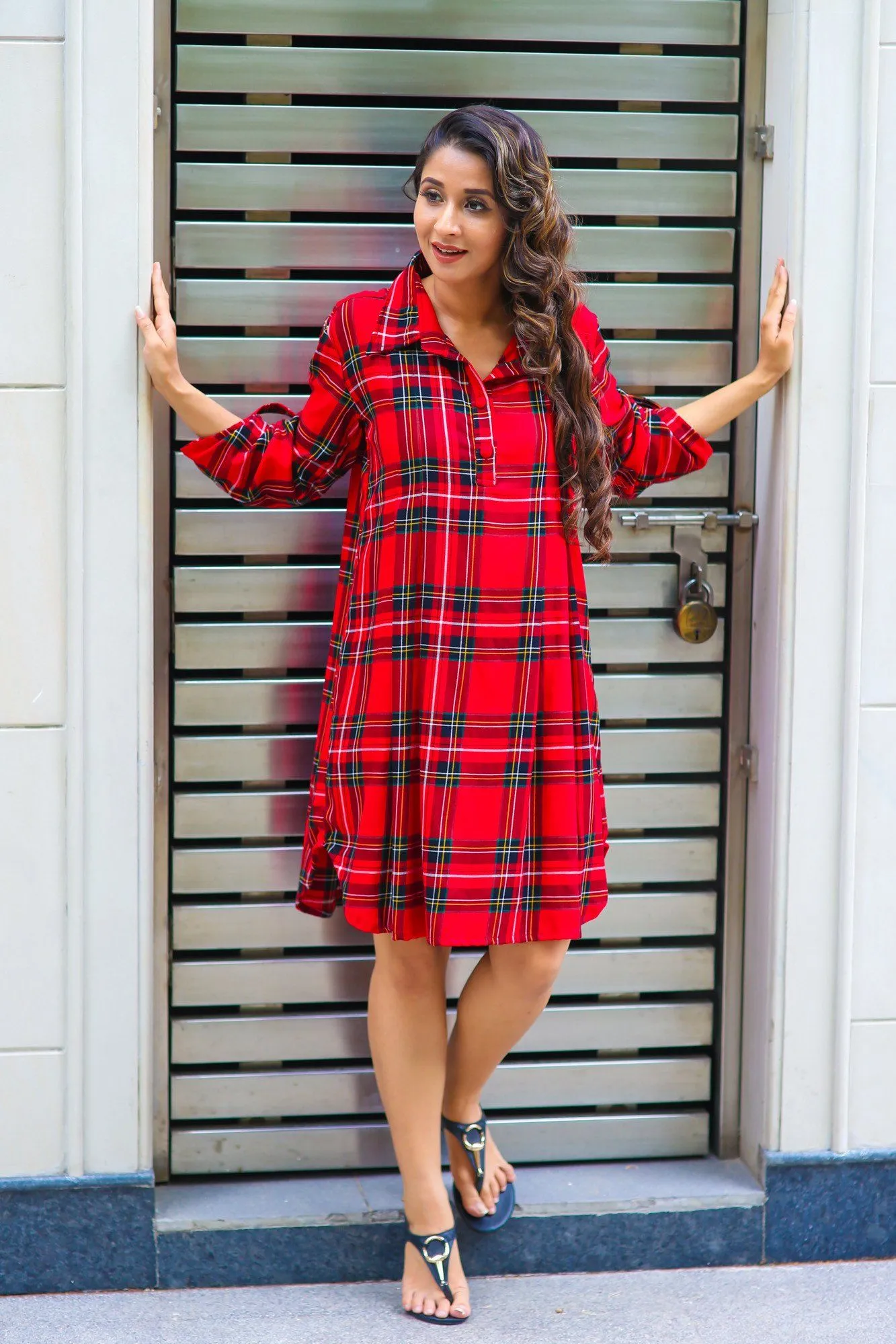 Red Plaid Versatile Maternity & Nursing Shirt Dress