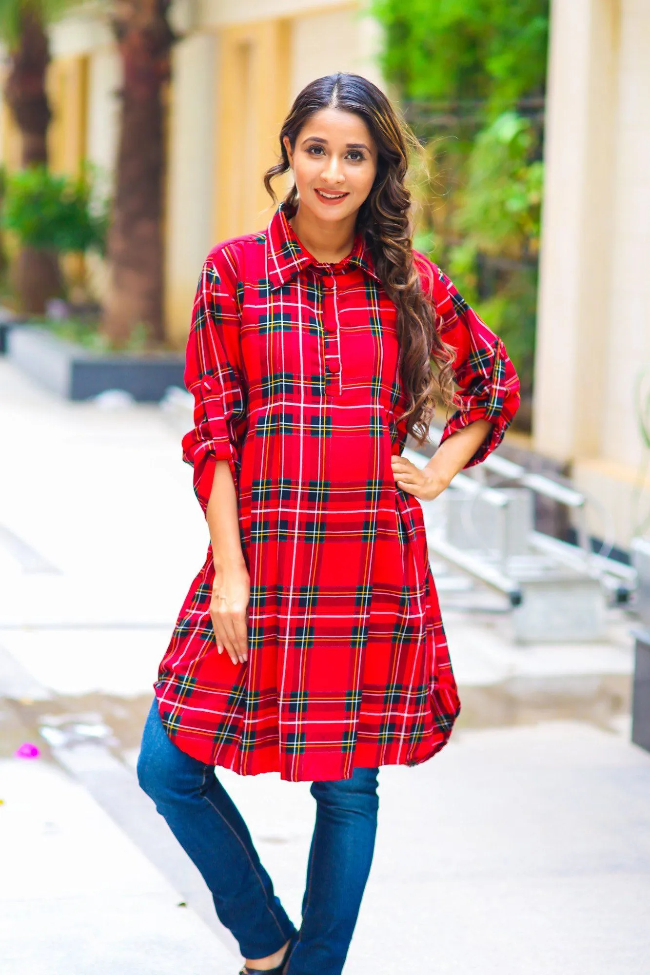 Red Plaid Versatile Maternity & Nursing Shirt Dress