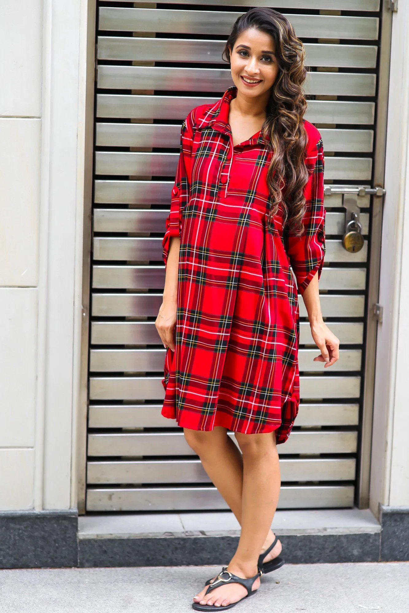 Red Plaid Versatile Maternity & Nursing Shirt Dress