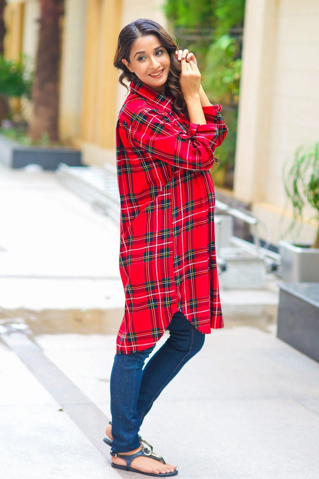 Red Plaid Versatile Maternity & Nursing Shirt Dress