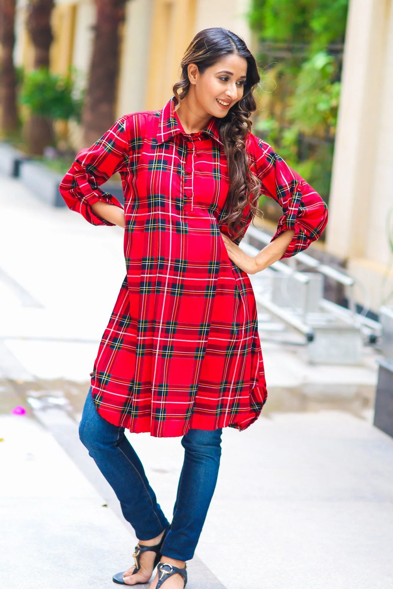 Red Plaid Versatile Maternity & Nursing Shirt Dress