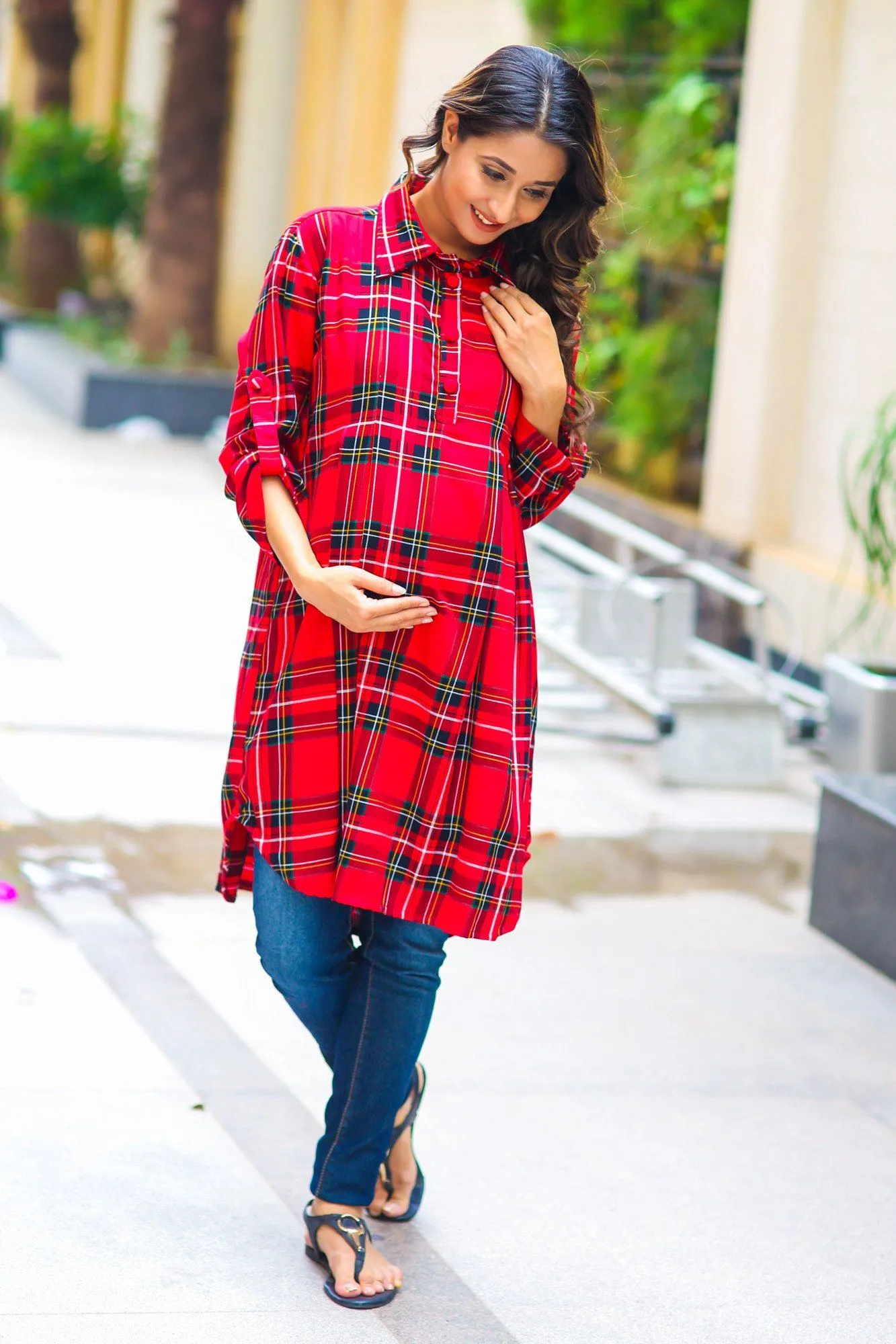 Red Plaid Versatile Maternity & Nursing Shirt Dress