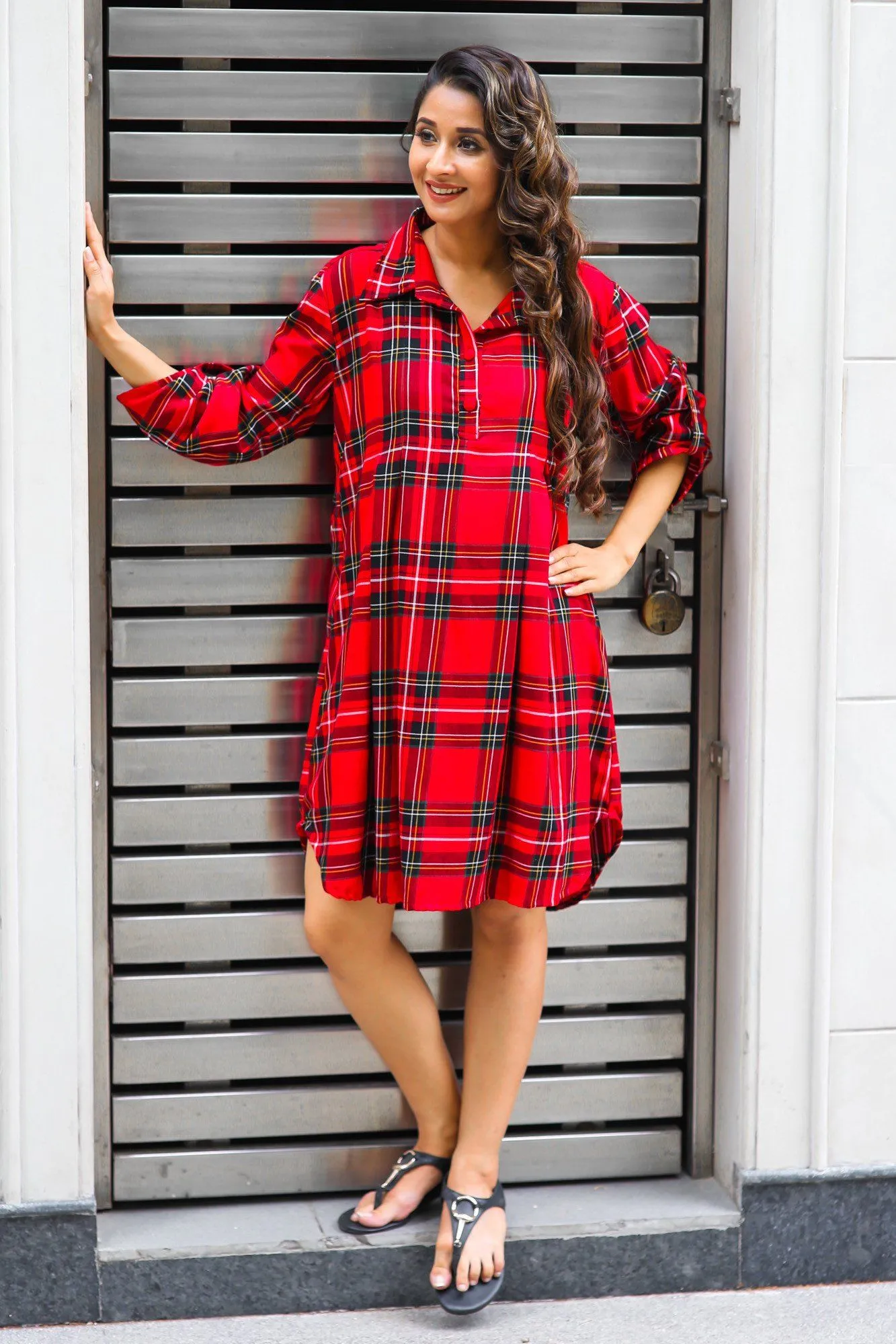 Red Plaid Versatile Maternity & Nursing Shirt Dress