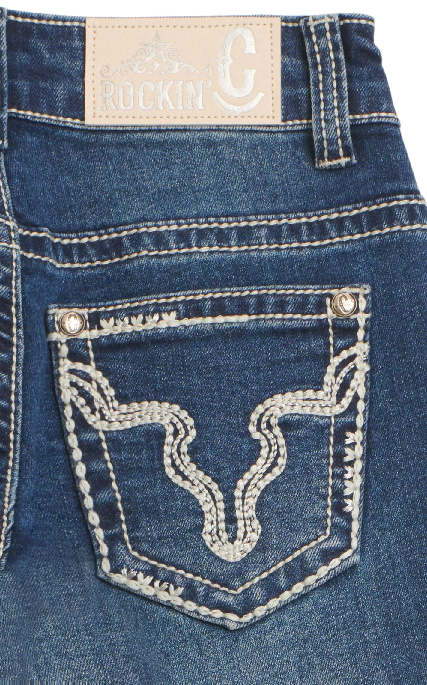 Rockin C Girl's Dark Wash Embroidery Longhorn Pocket Boot Cut Jeans