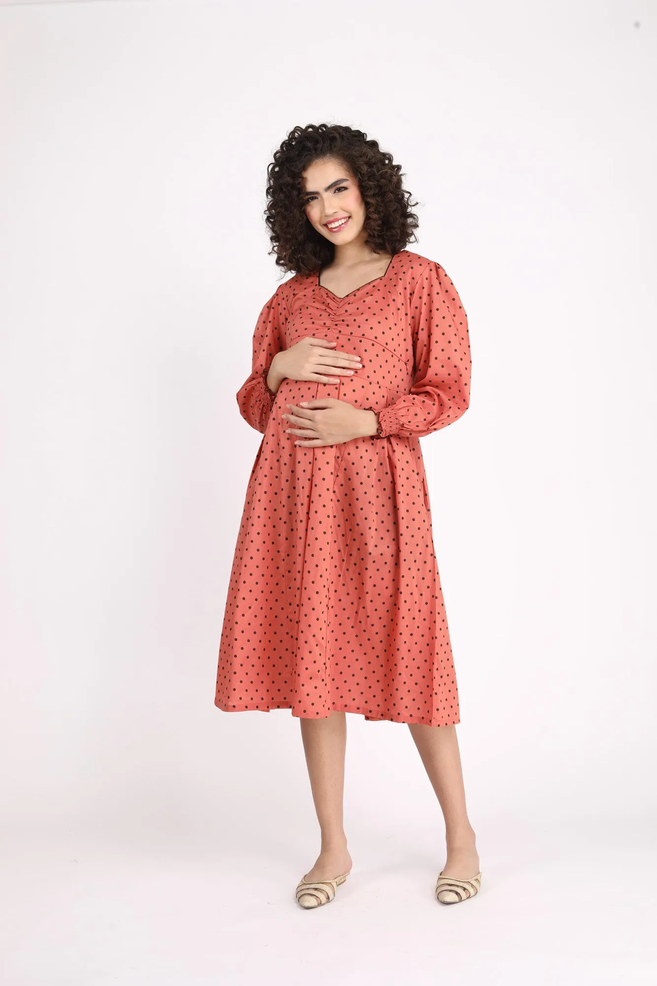 Rouge Polka Maternity & Nursing Dress (100% Cotton)