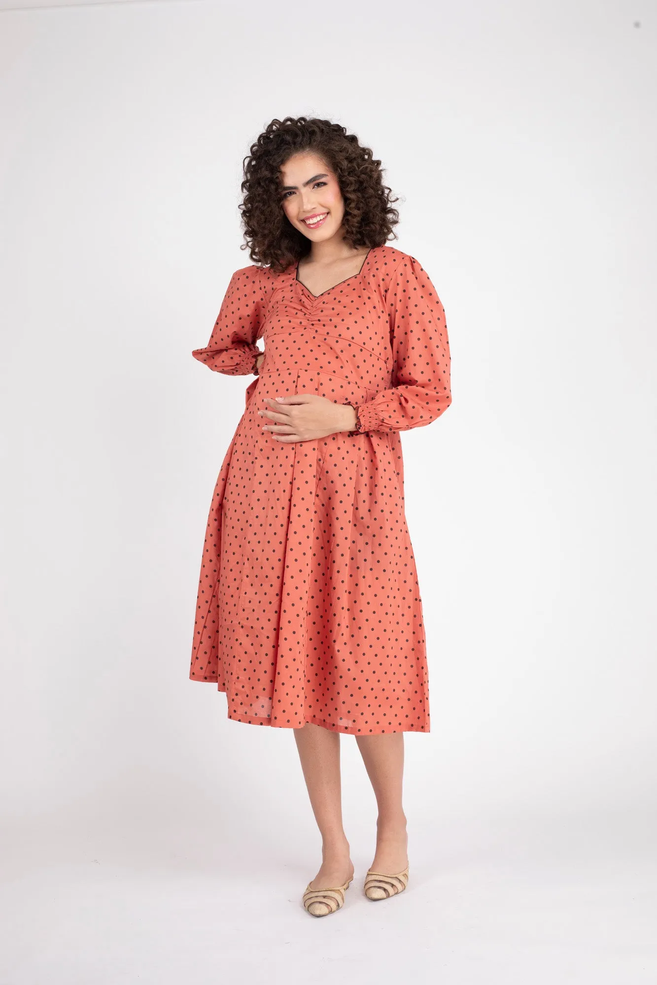 Rouge Polka Maternity & Nursing Dress (100% Cotton)