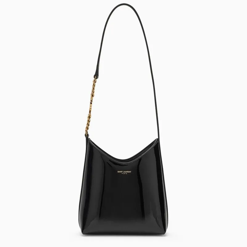 SAINT LAURENT Mini Rendez-Vous Black Patent Leather Hobo Shoulder Bag with Bronze-Tone Hardware and Logo Chain Detail