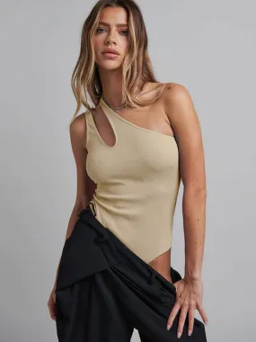 Sleeveless Bodysuit Coffee Brown One-Shoulder Pleated Casual Polyester Top For Women