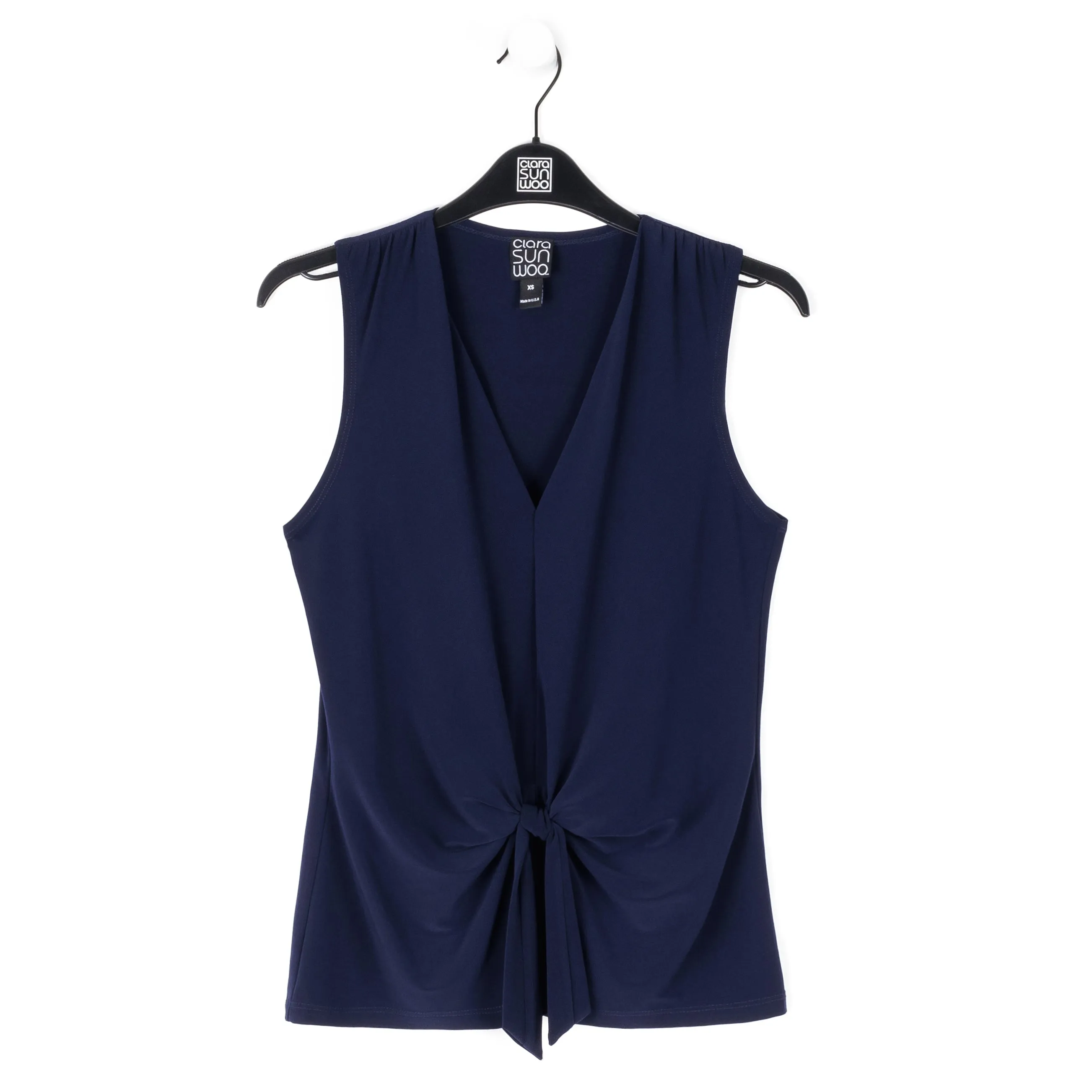 Sleeveless V-Neck Center Front Tie Top - Navy