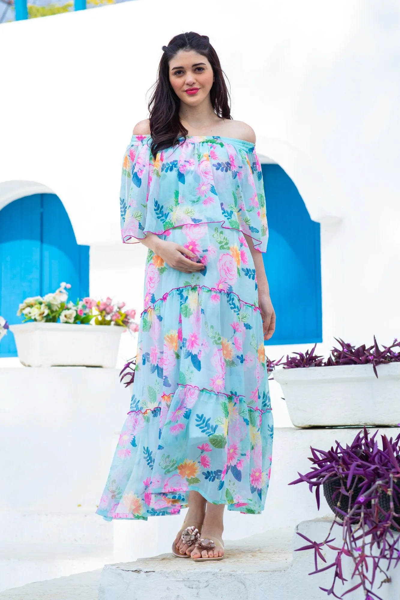 Soothing Floral Off-Shoulder Maternity Maxi Dress