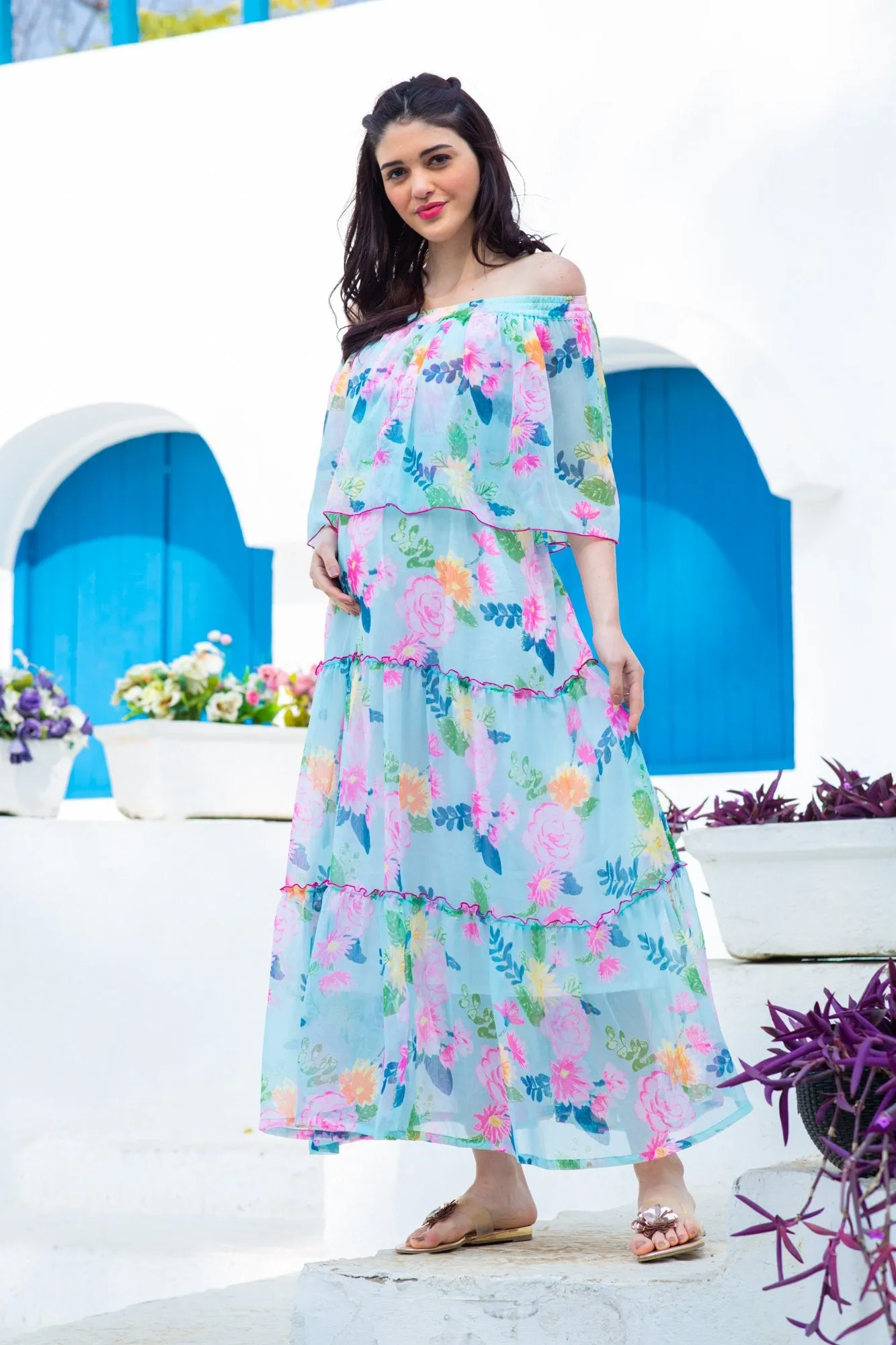 Soothing Floral Off-Shoulder Maternity Maxi Dress