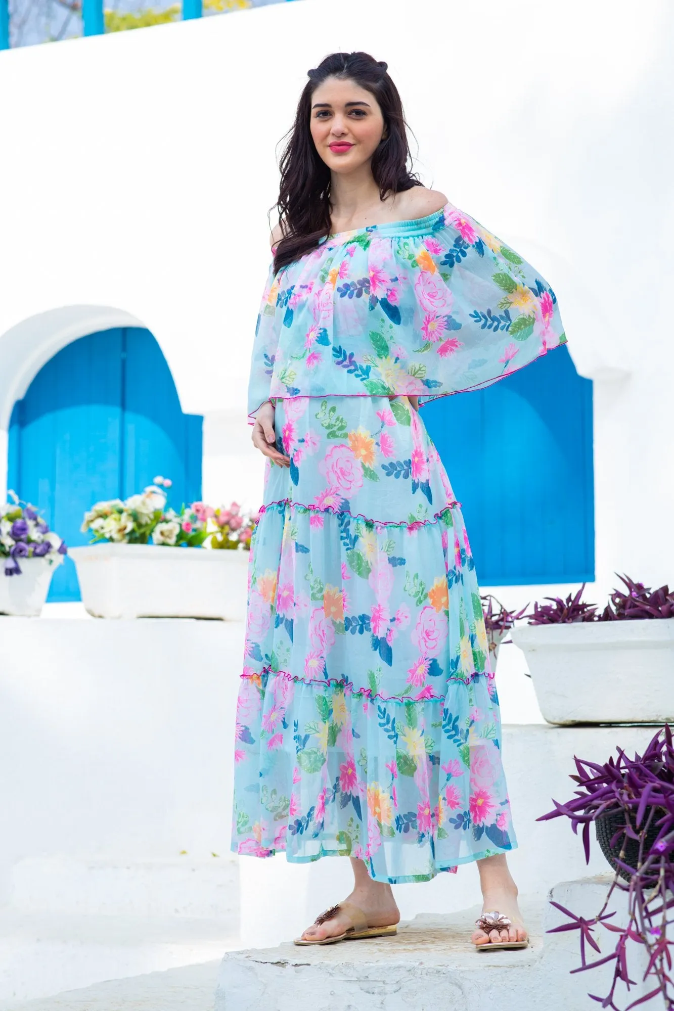 Soothing Floral Off-Shoulder Maternity Maxi Dress