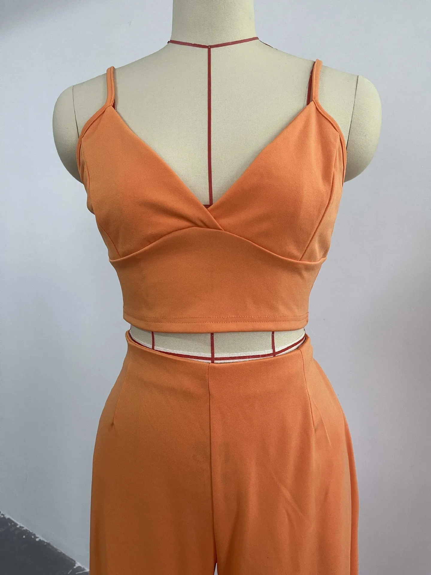 Two Piece Sleeveless V-Neck Crop Top and Wide Leg Solid Pants Set