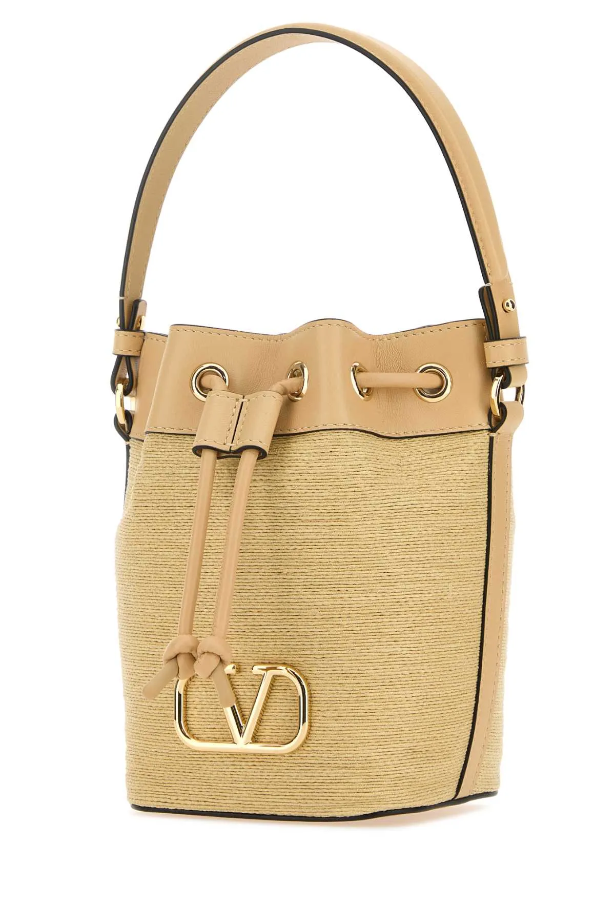 Valentino Garavani Raffia Leather V Logo Signature Bucket Bag