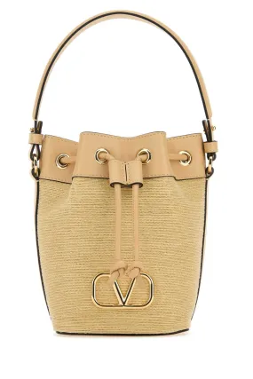 Valentino Garavani Raffia Leather V Logo Signature Bucket Bag