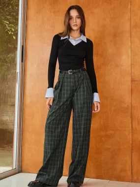 Vintage Plaid Belted Wide-Leg Pants