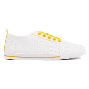 White women's sneakers with yellow laces