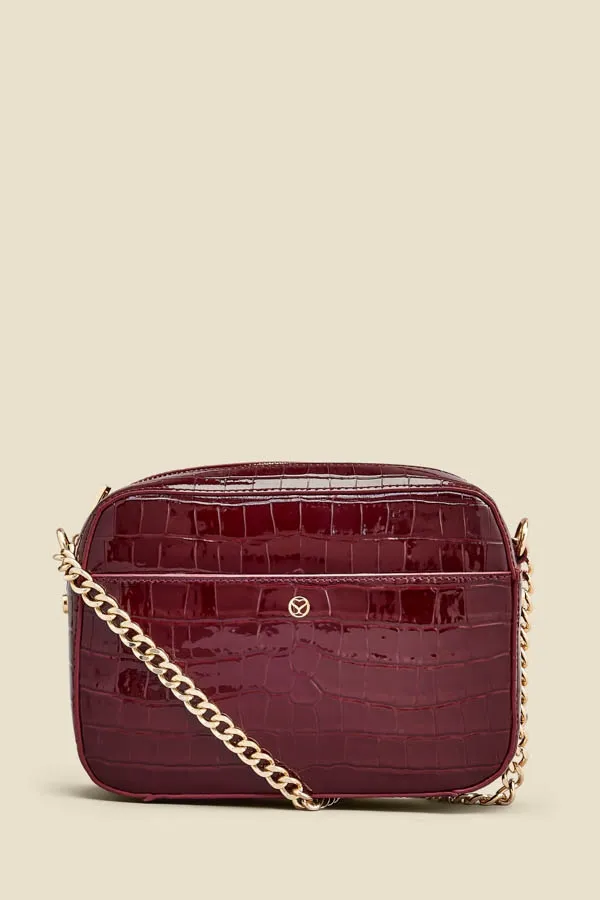 Wine Croc Faux Leather Chain Detail Cross Body Bag