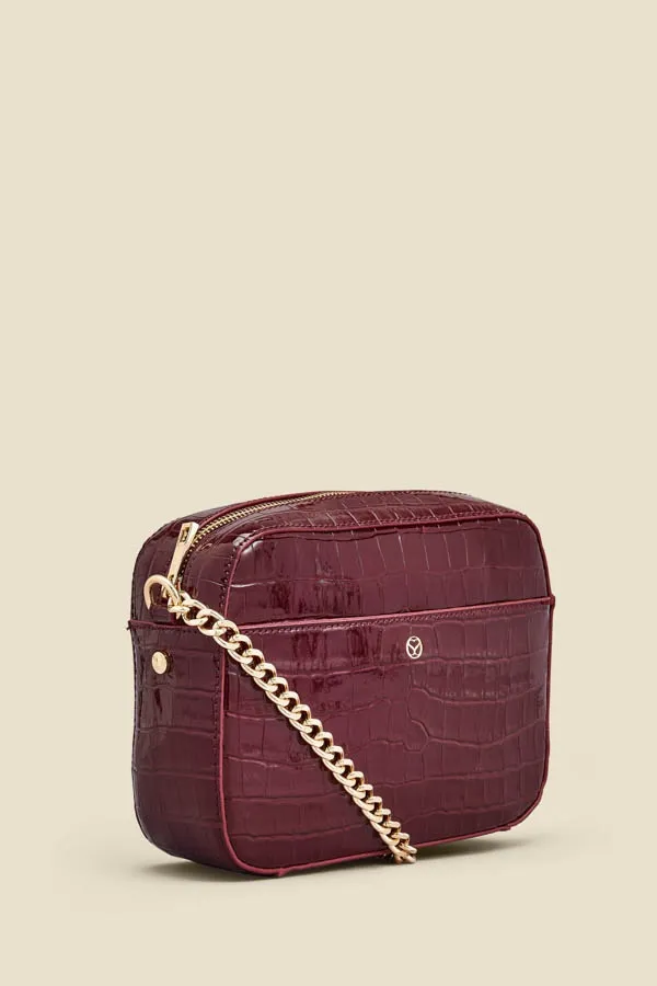 Wine Croc Faux Leather Chain Detail Cross Body Bag