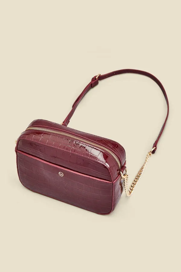 Wine Croc Faux Leather Chain Detail Cross Body Bag