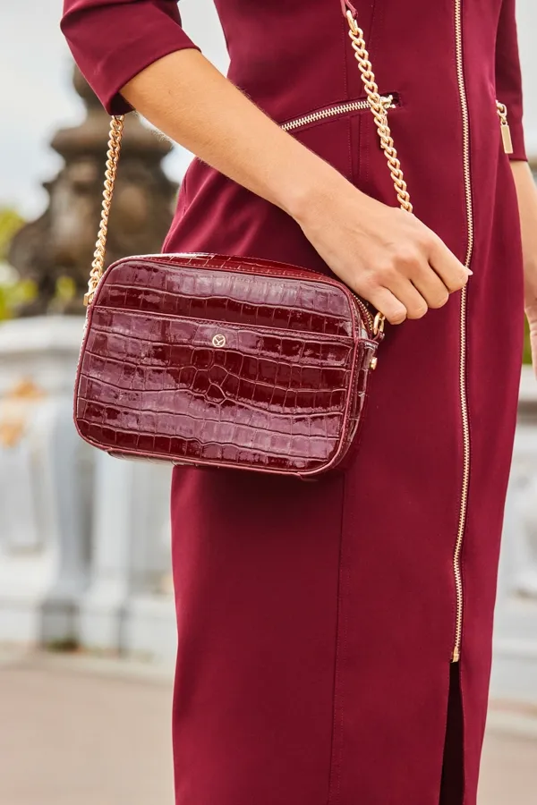 Wine Croc Faux Leather Chain Detail Cross Body Bag