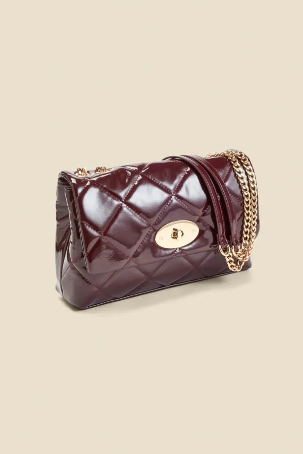 Wine Faux Leather Quilted Clasp Detail Cross Body Bag