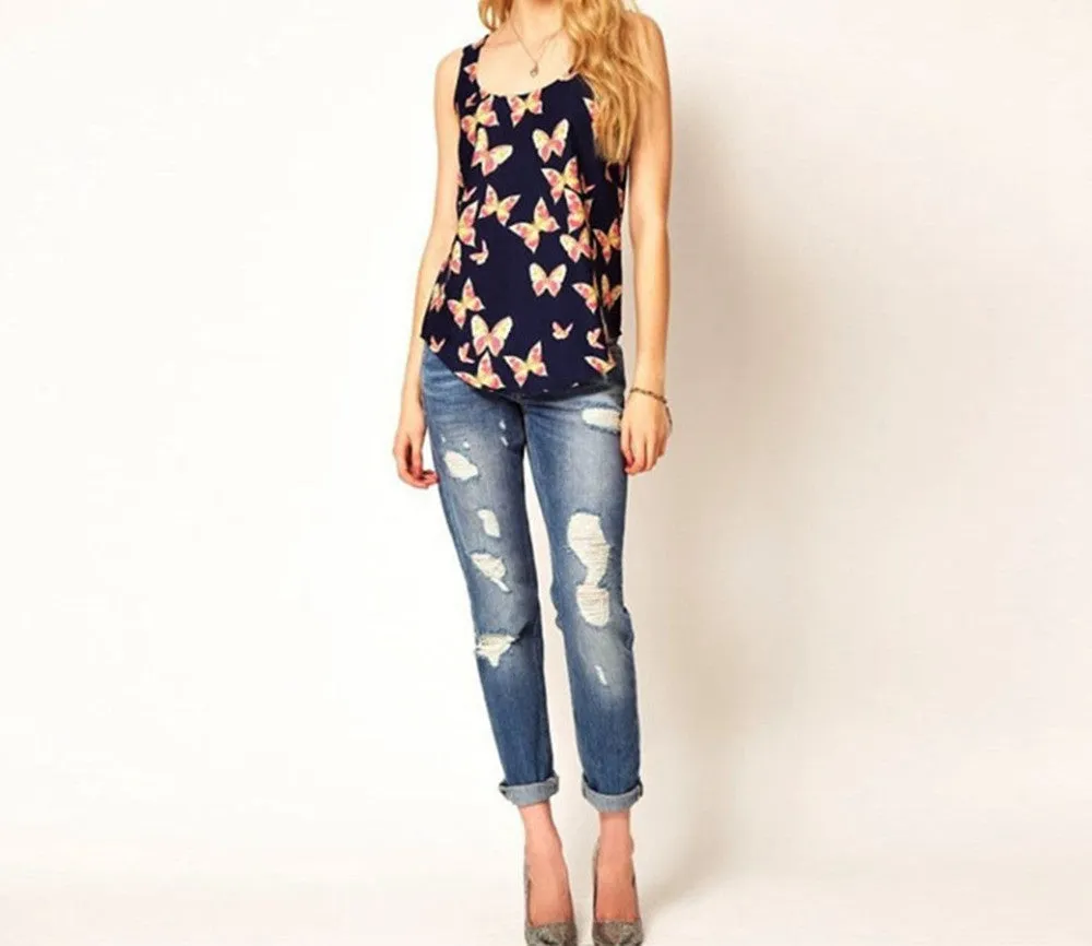 Women Elegant Top Butterfly Print Sleeveless Chiffon Tank Top Shirts Crew Vest Mousseline