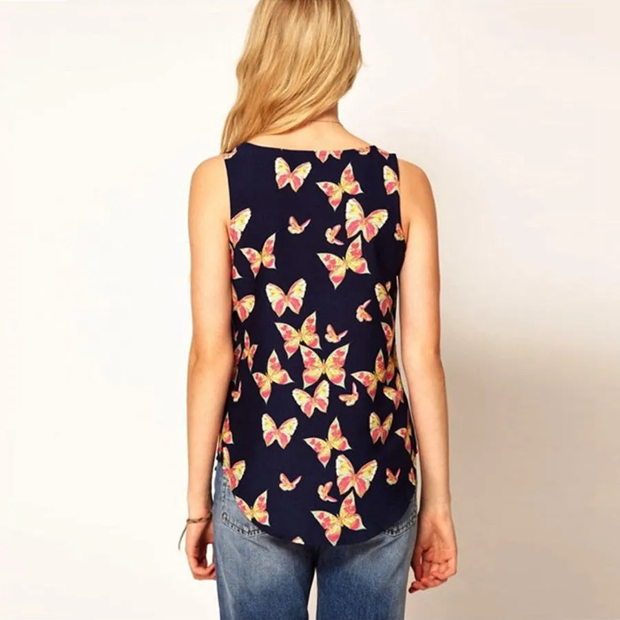 Women Elegant Top Butterfly Print Sleeveless Chiffon Tank Top Shirts Crew Vest Mousseline