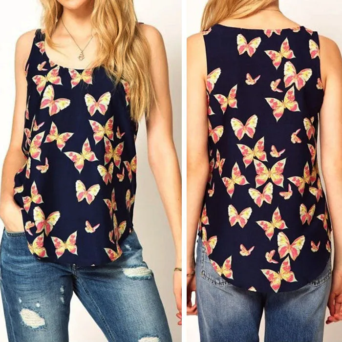 Women Elegant Top Butterfly Print Sleeveless Chiffon Tank Top Shirts Crew Vest Mousseline