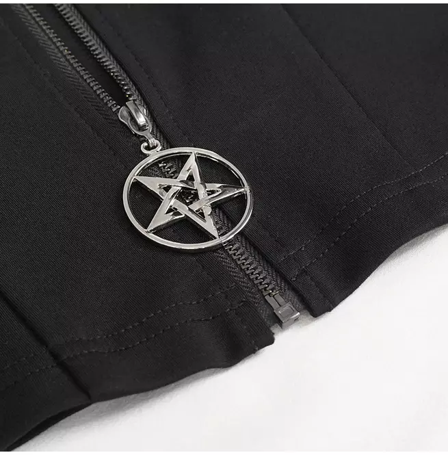 Women's Black Buckle Strap Pentagram Zipper Vest