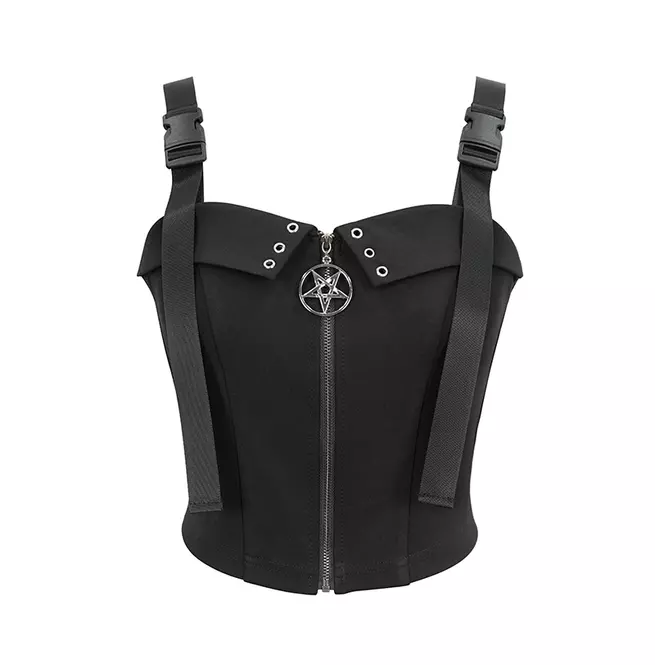 Women's Black Buckle Strap Pentagram Zipper Vest