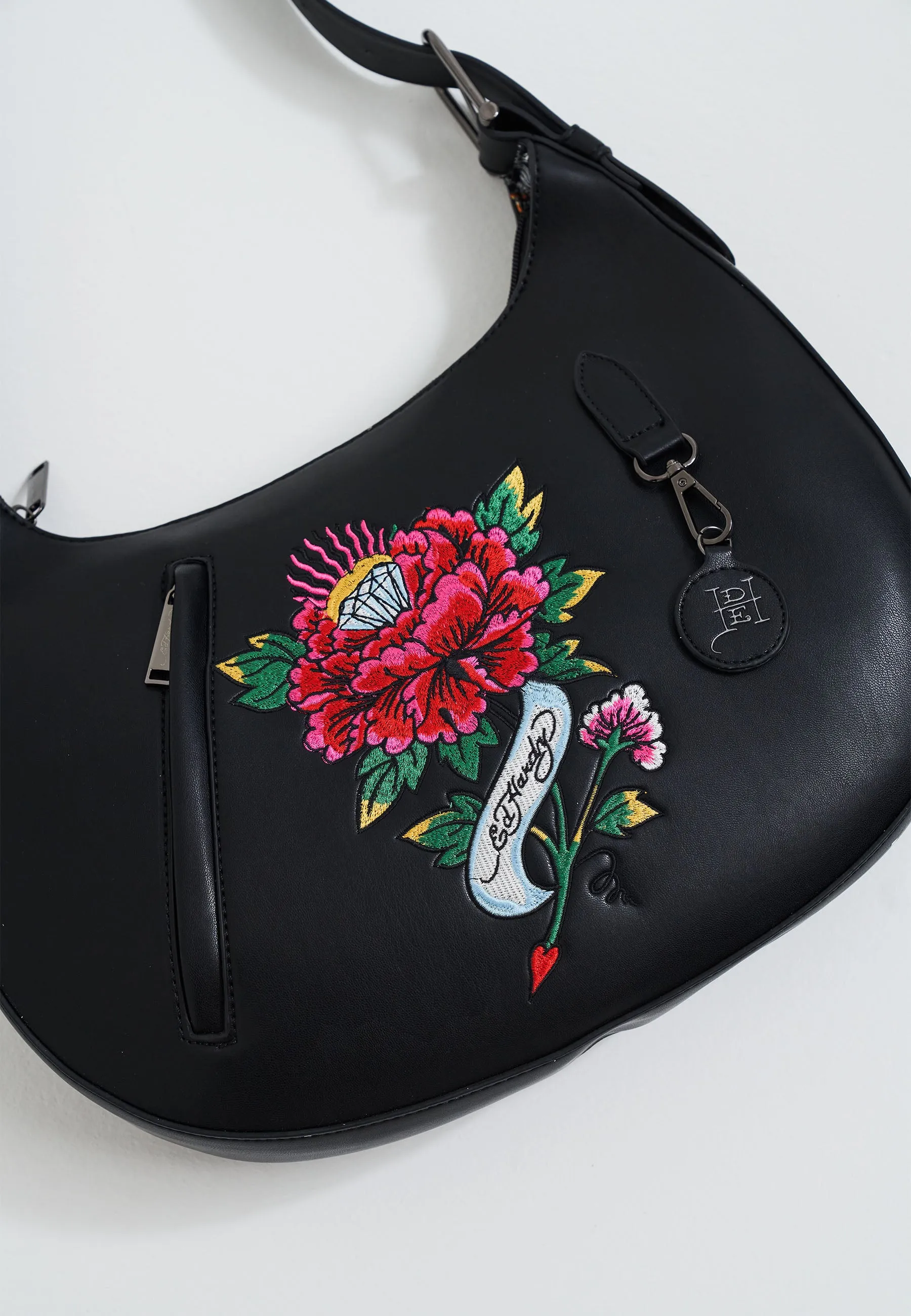 Womens Flower Tattoo Shoulder Bag - Black