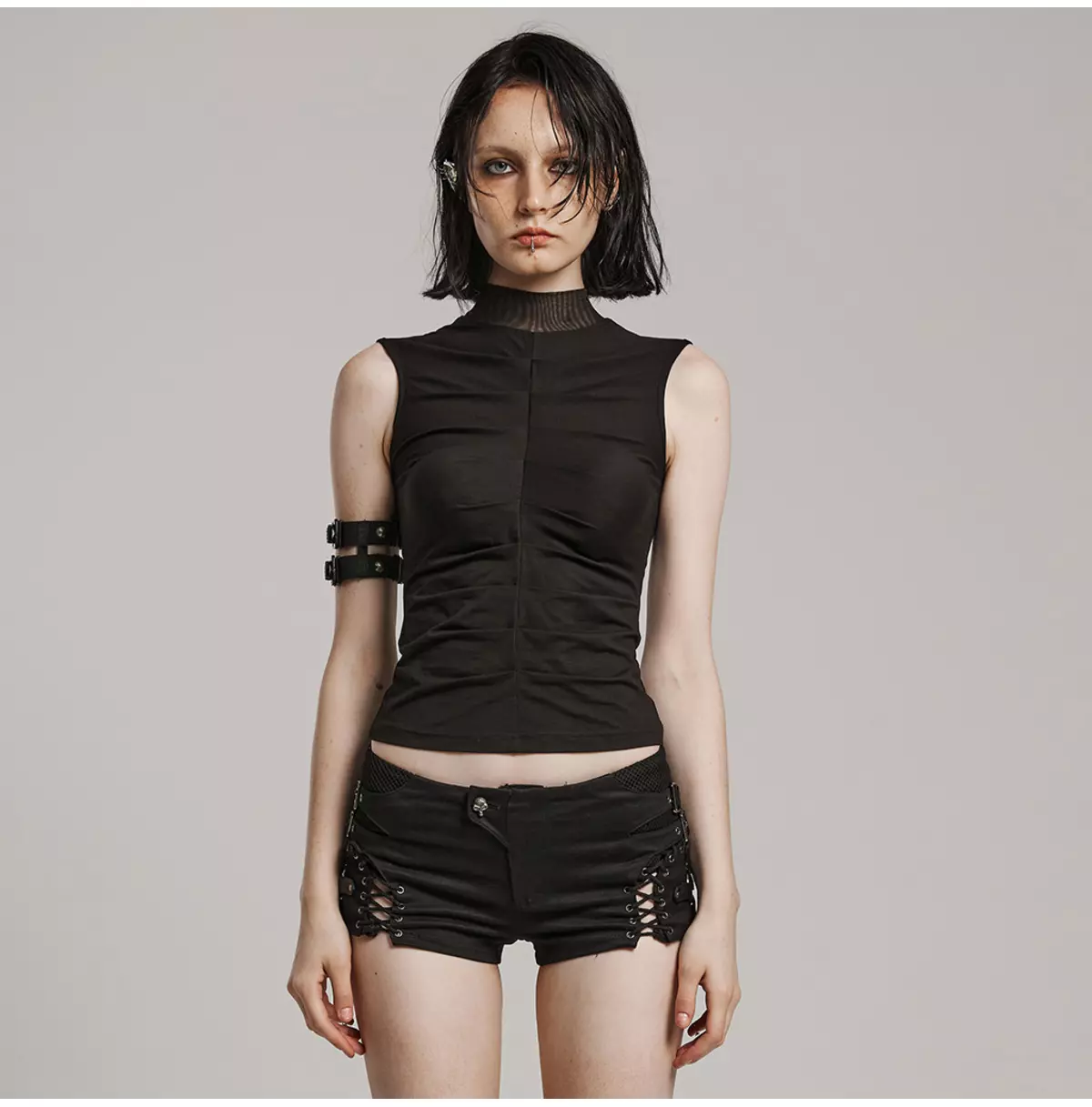 Women's Gothic Sleeveless High Neck Top - Slim Fit Black Punk Style