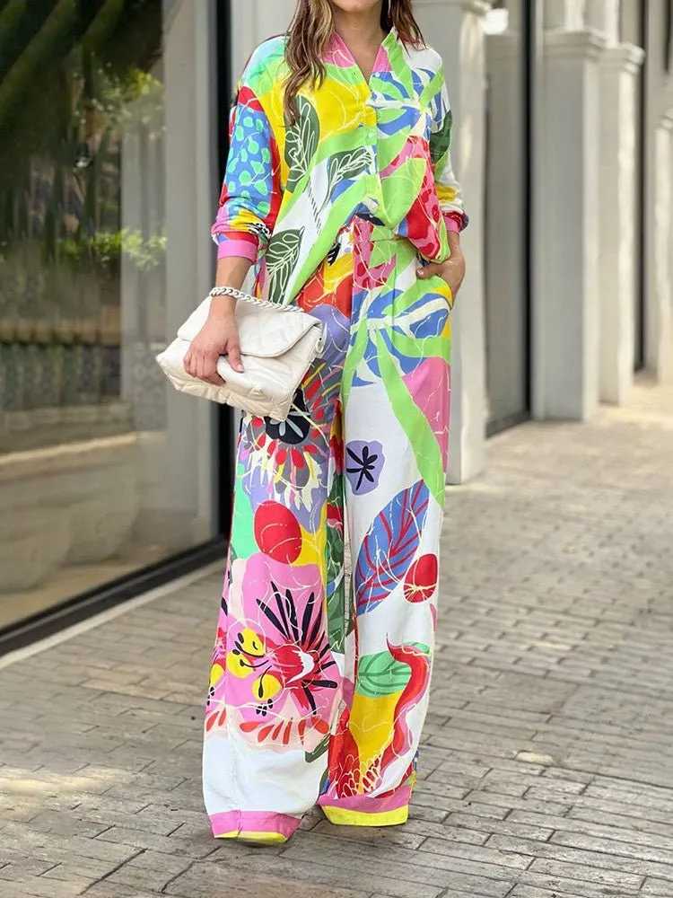 Women's Sets Printed Lapel Shirt & Wide Leg Pants Two-Piece Set