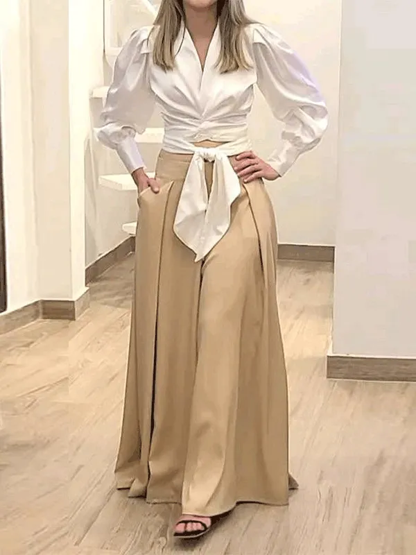 Women's Sets V-Neck Long Sleeve Blouses & Wide Leg Pants Two-Piece Set