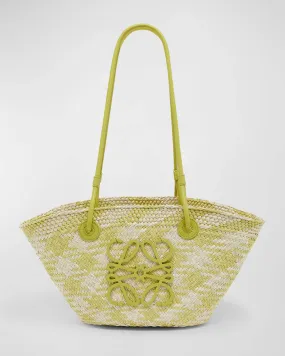 x Paula’s Ibiza Anagram Basket Shoulder Bag in Checkered Iraca Palm with Leather Handles